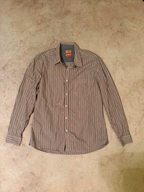 Men's Long-Sleeve Striped Dress Shirt - White with Red & Green Stripes